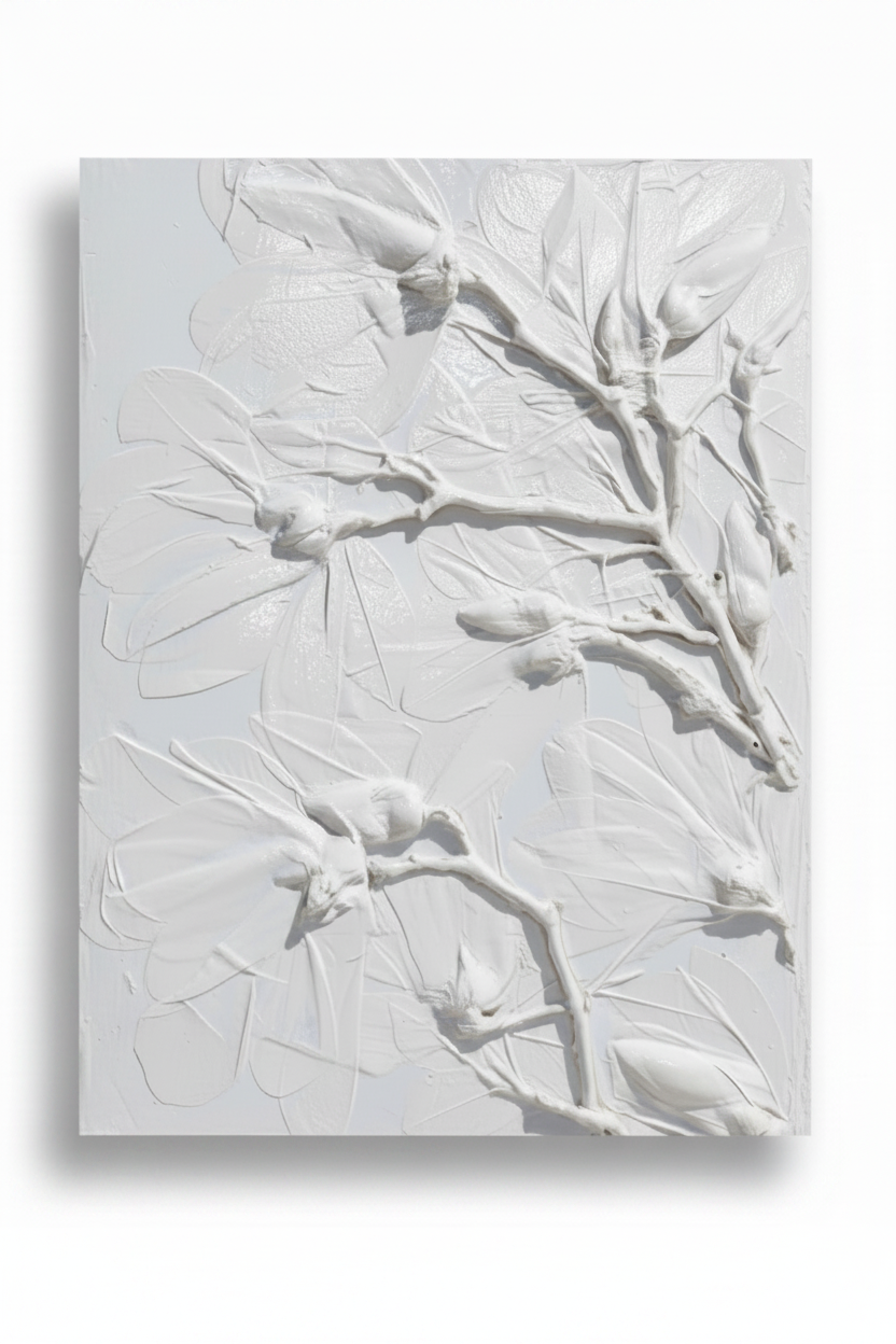 white plaster bas relief of magnolia in a gloss finish