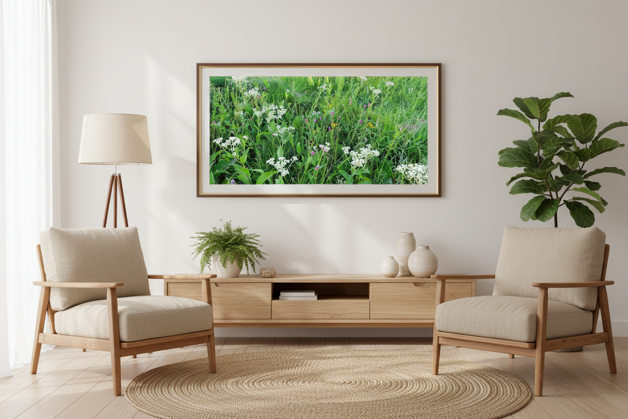Living room with two chairs, a coffee table, and a large framed picture of prairie on the wall.