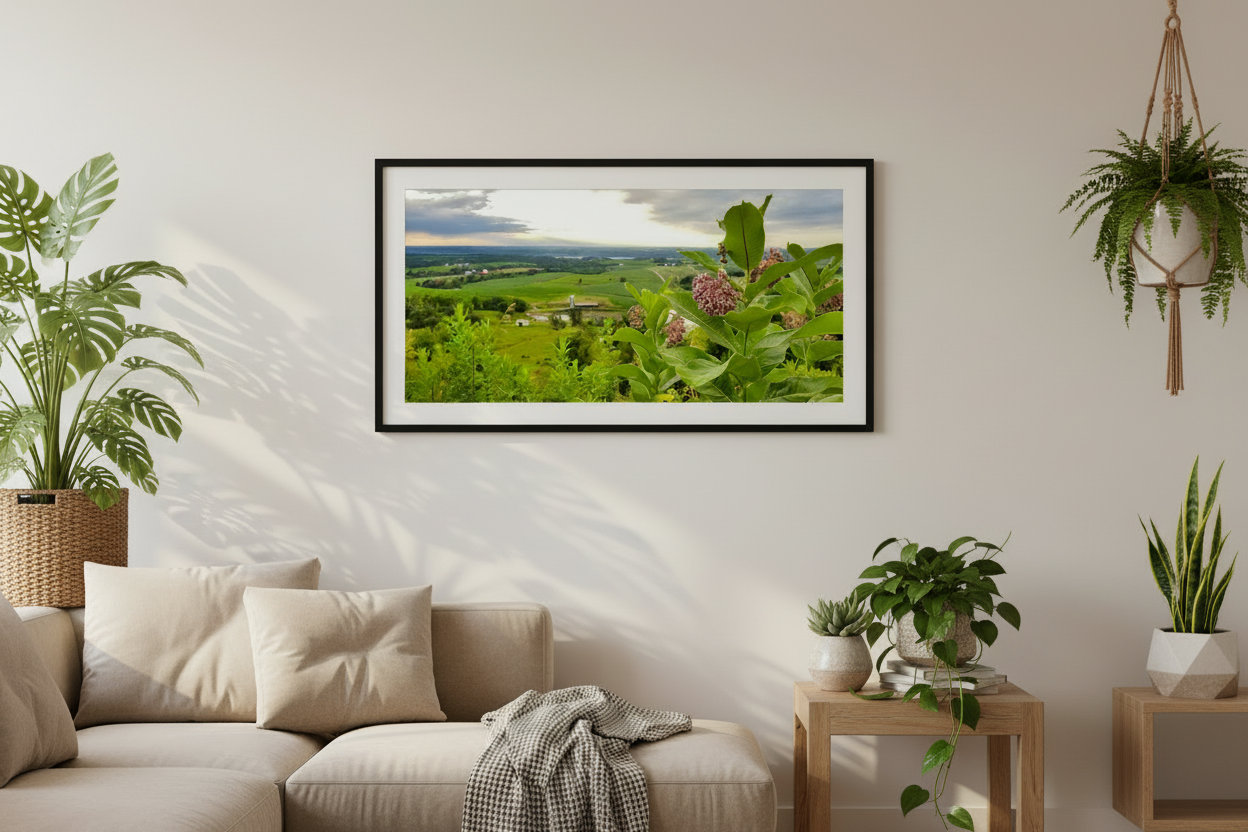 Framed landscape print on a wall above a sofa with plants around