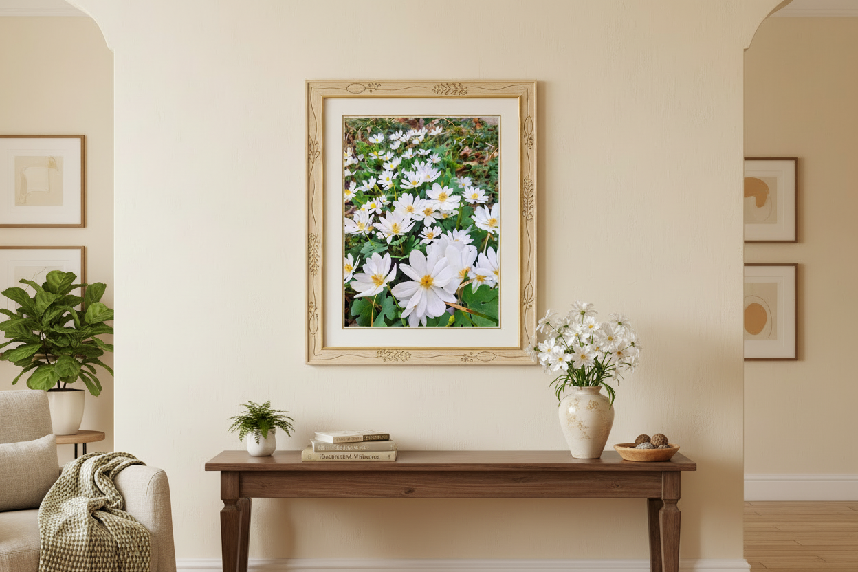 Framed floral artwork on a wall above a wooden table with decorative items.
