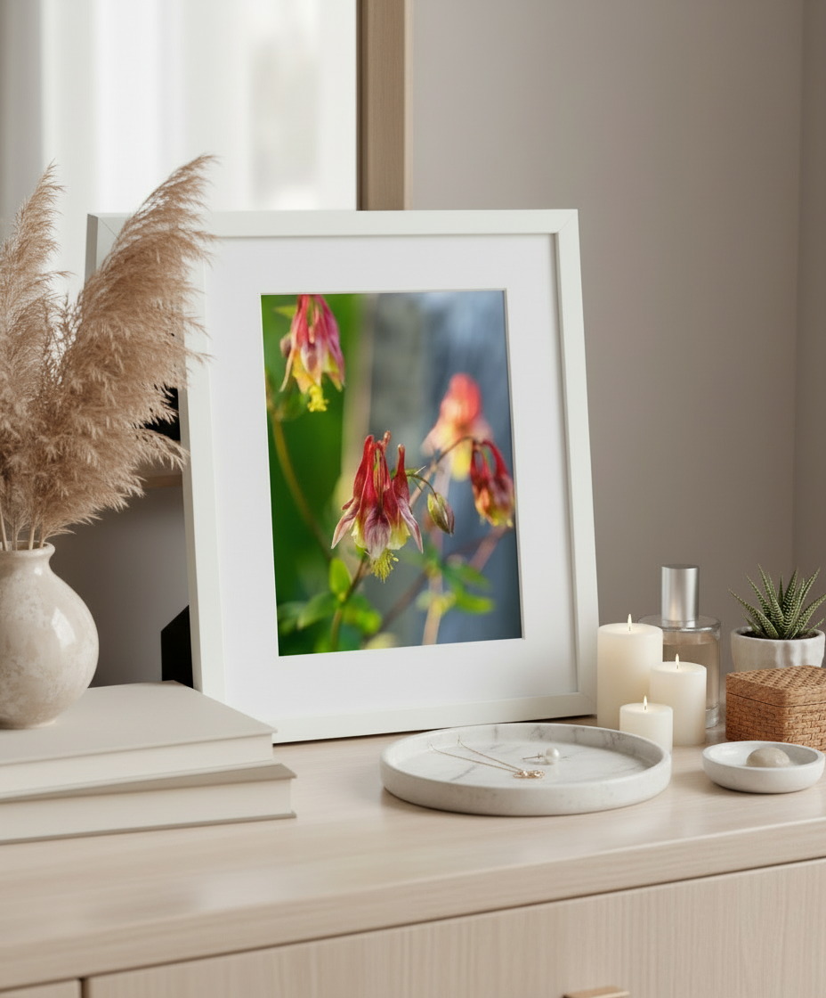 Framed photograph of flowers on a dresser with decorative items