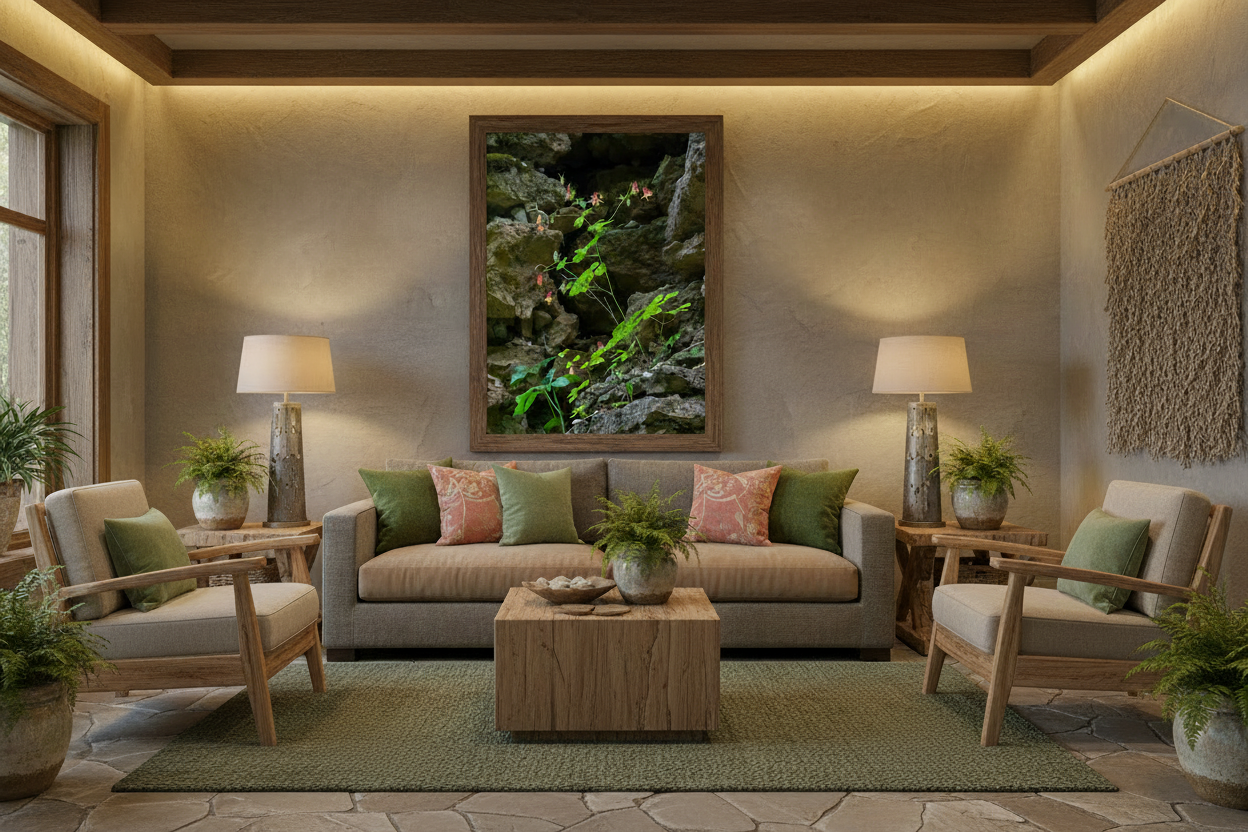 Framed print of a wildflower growing from a rock ledge hung in a Living room with beige sofa, armchairs, and a coffee table with decorative items.