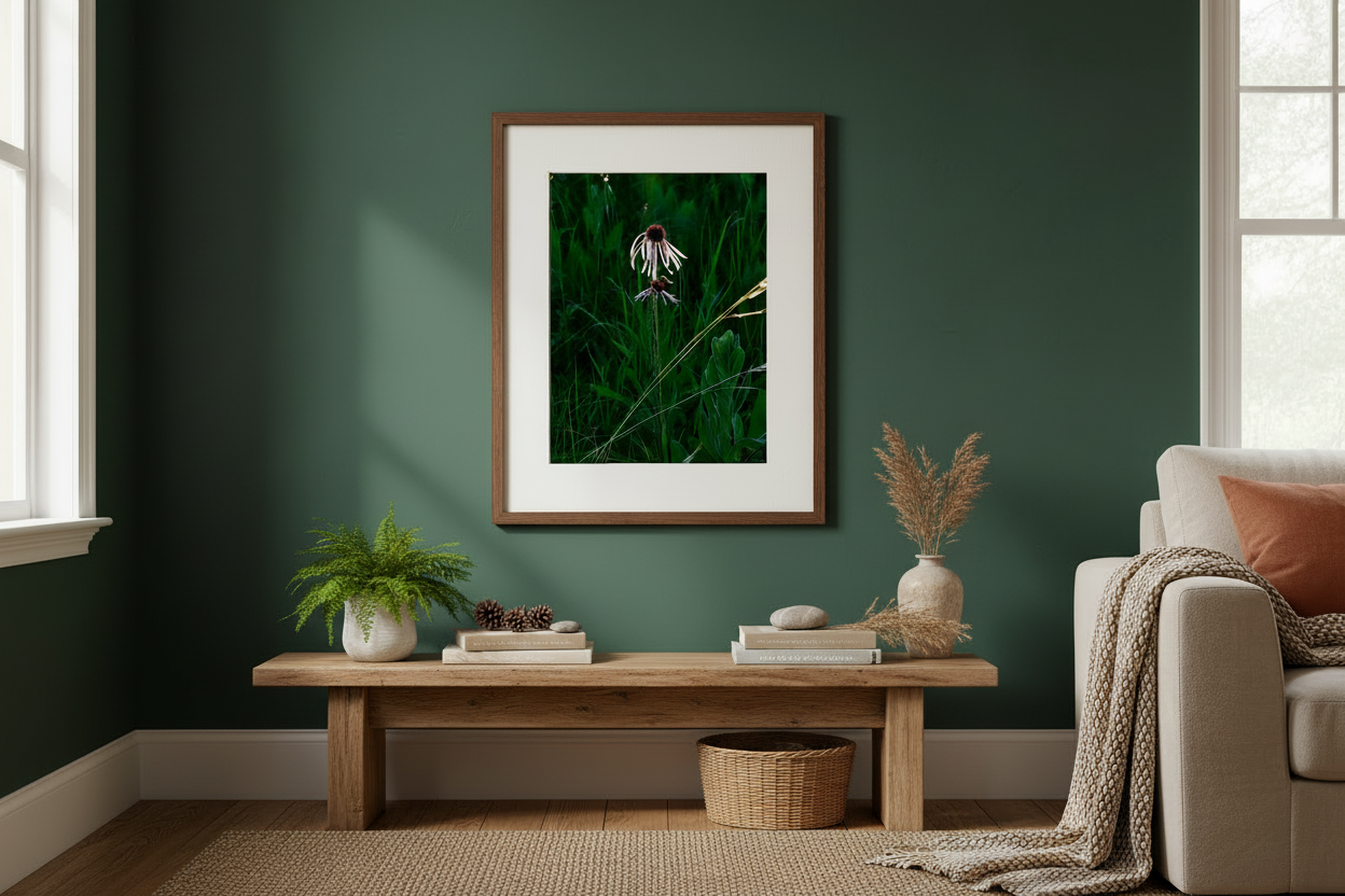 Framed photo print of pale purple , cone , flower and a bumblebee in a living room setting