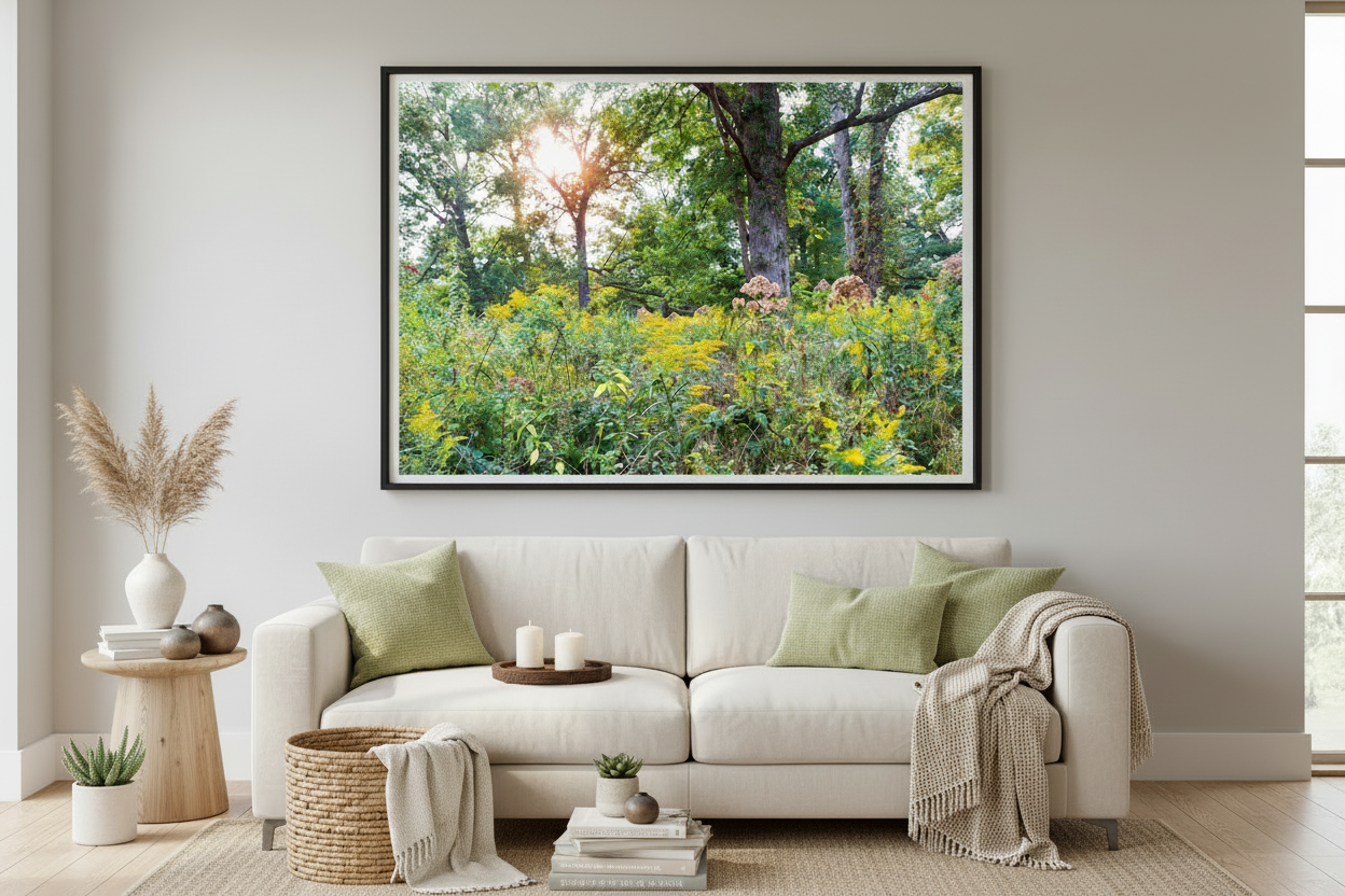 Living room with a beige sofa, decorative pillows, and a large framed picture of an oak savanna and wildflowers on the wall.