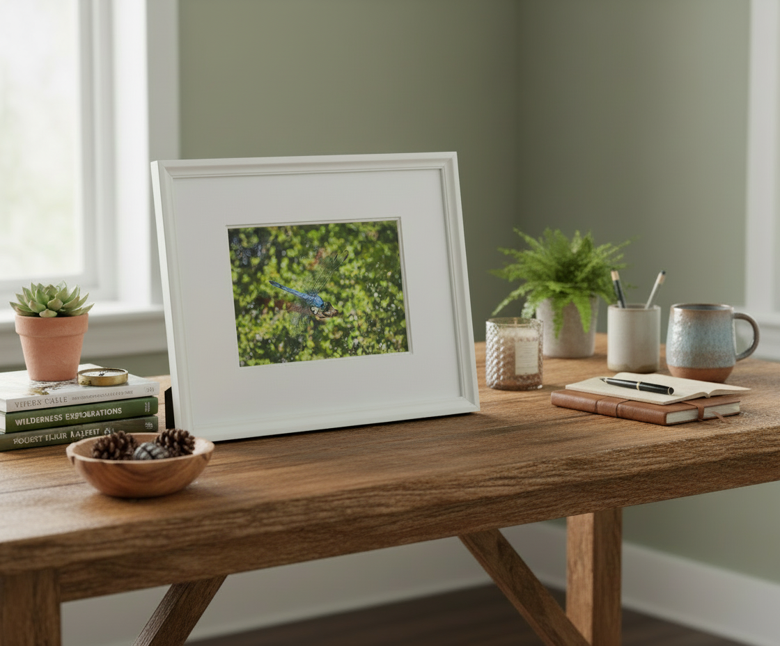 Framed photograph of an eastern pond hawk dragonfly on a wooden table with decor items