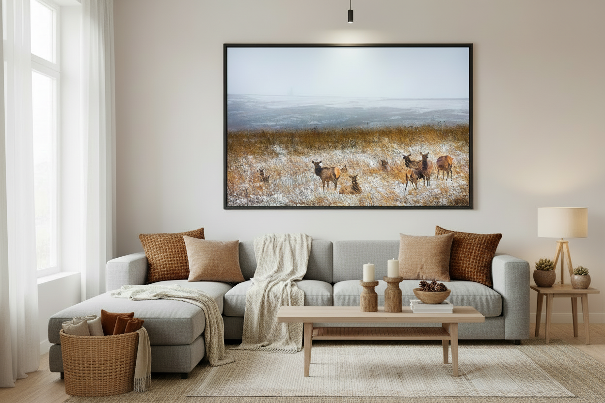 Living room with a gray sofa, coffee table, and wall art of elk in a prairie snowstorm.