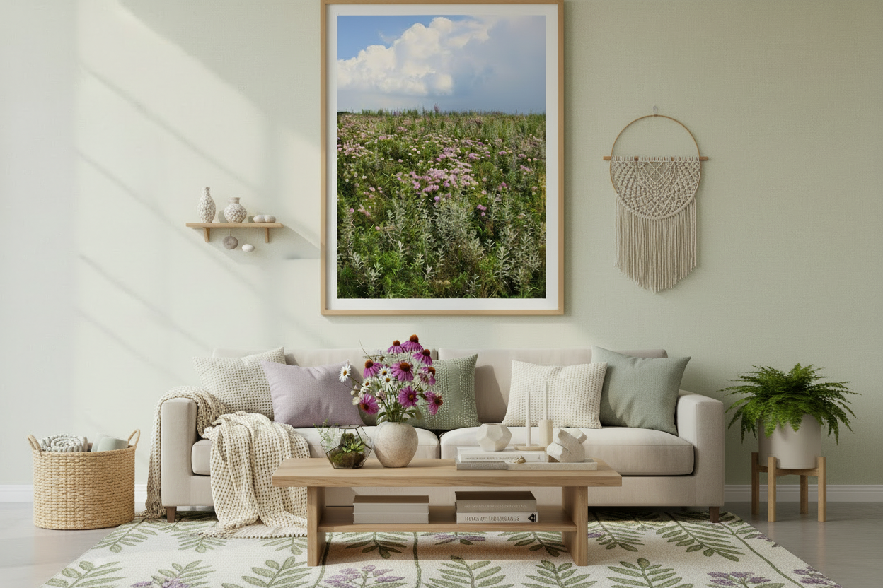 Framed Photo print of a prairie in bloom hanging in a Living room with a beige sofa, wooden coffee table, and decorative wall art.