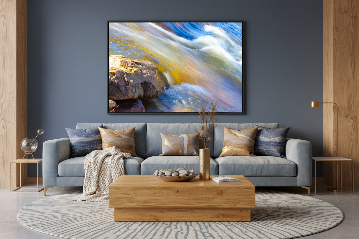 Living room with a gray sofa, wooden coffee table, and on the wall a framed photograph of water swiftly flowing over the colorful roacks of a shoal