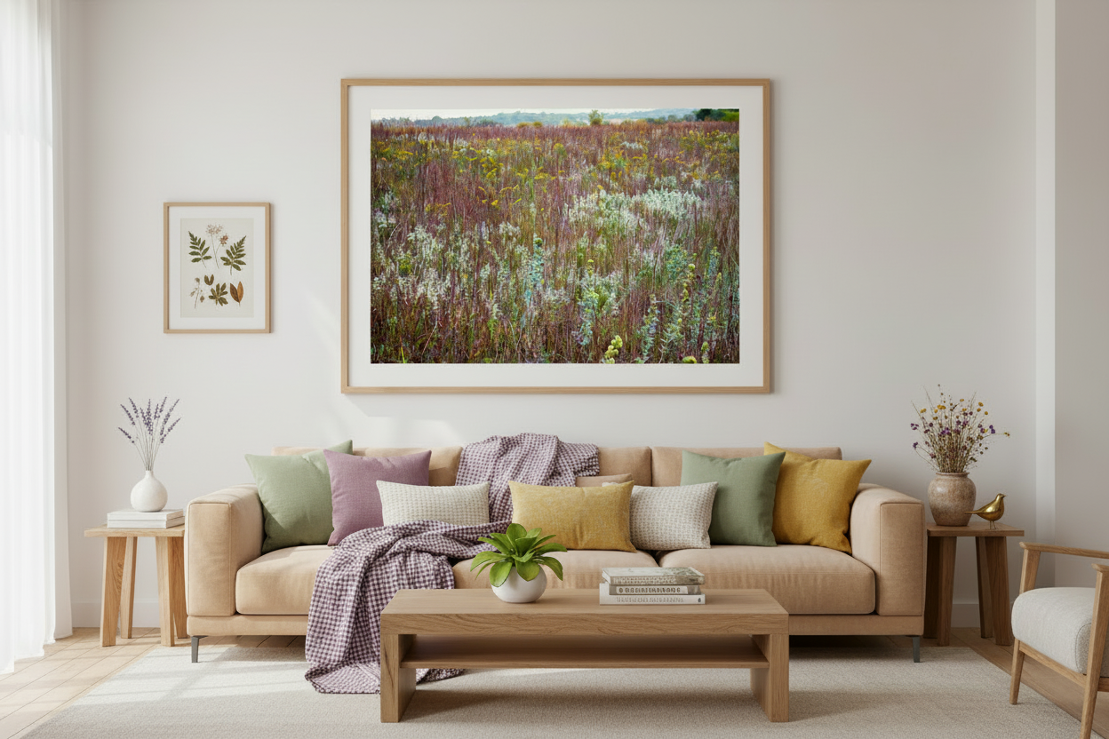 Image of fall prairie with red tinged grasses and late blooming flowers in Illinois hng in a living room