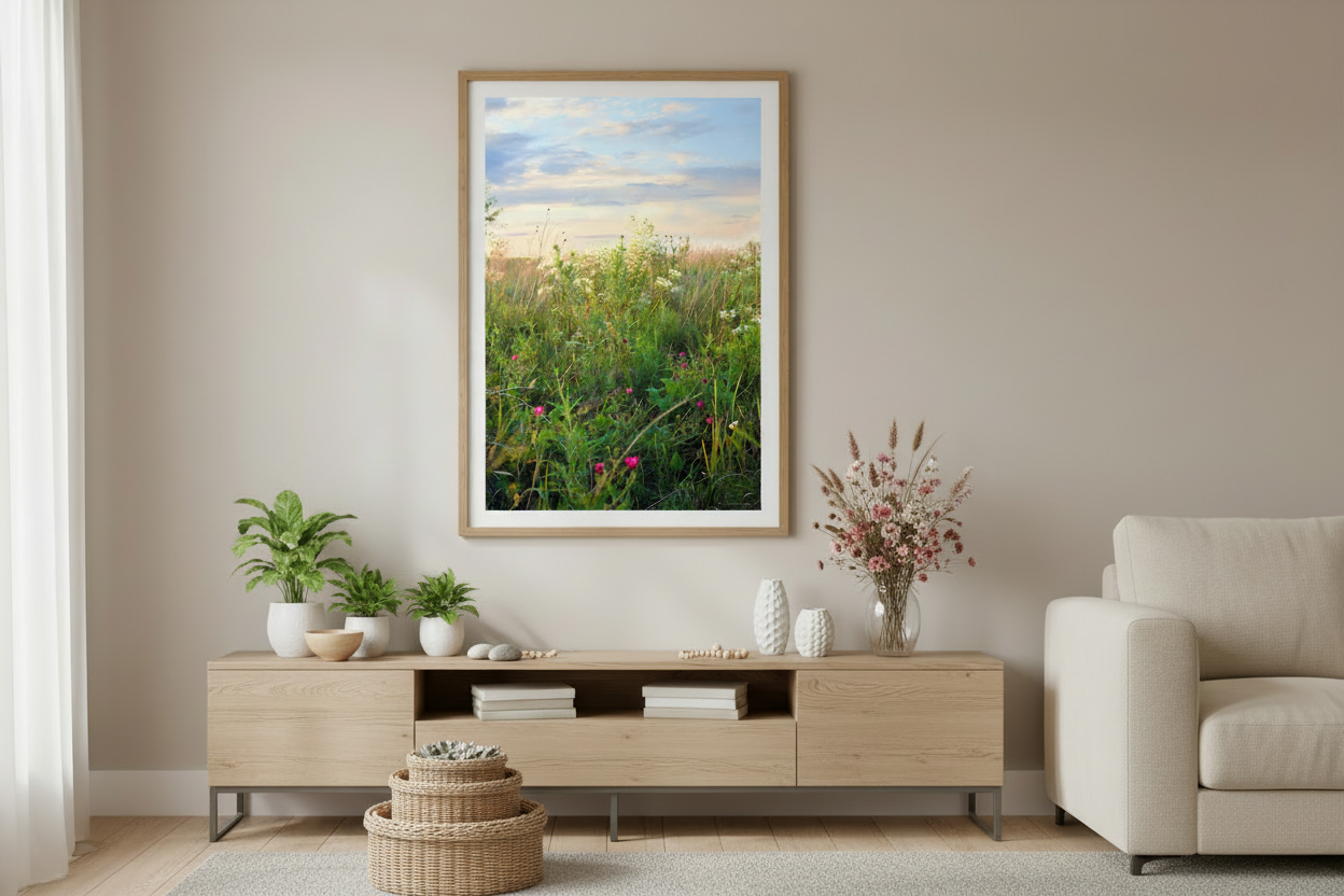 Framed artwork of a midwest prairie scene above a wooden TV stand in a living room.