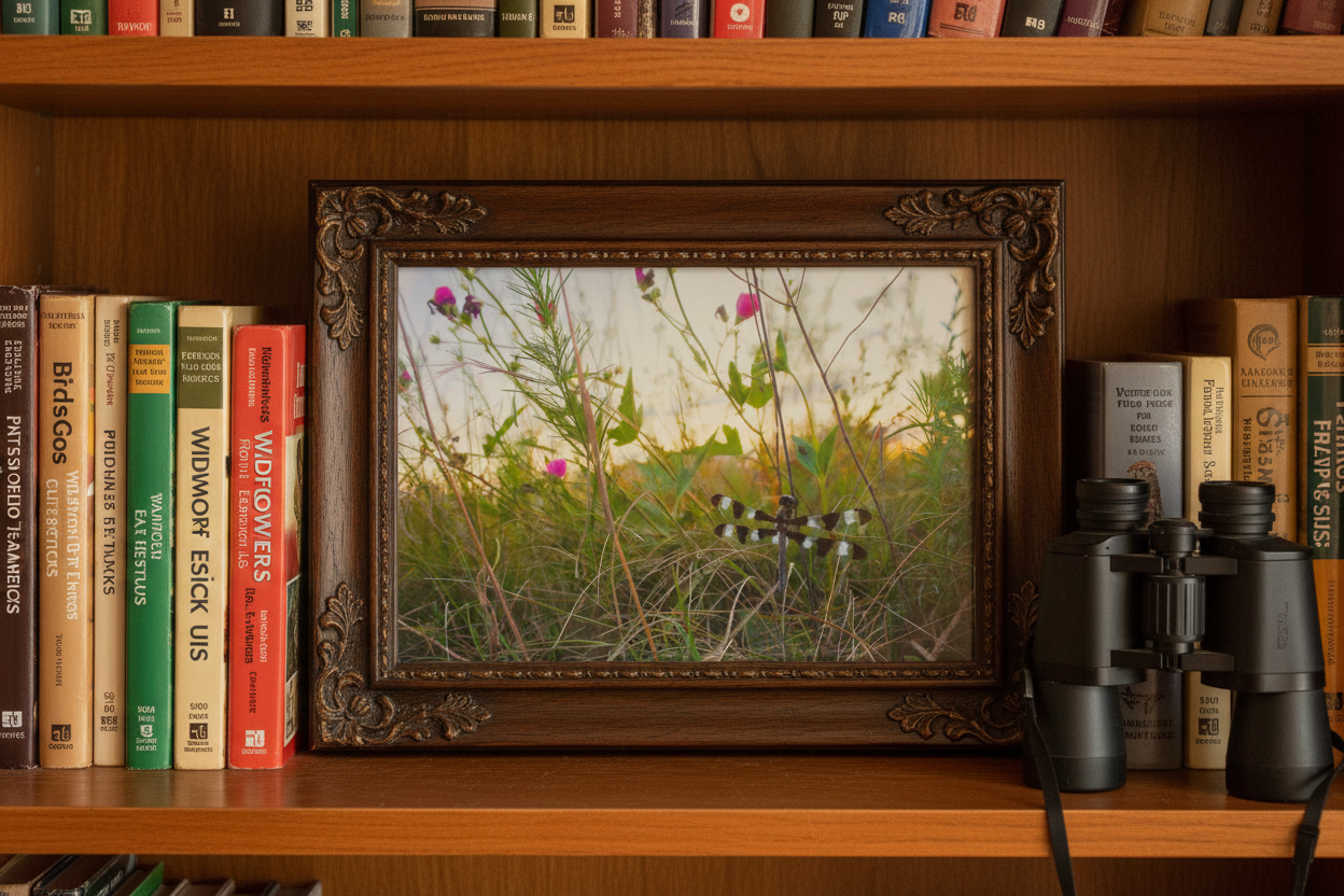 Framed nature print on a bookshelf with books and binoculars.