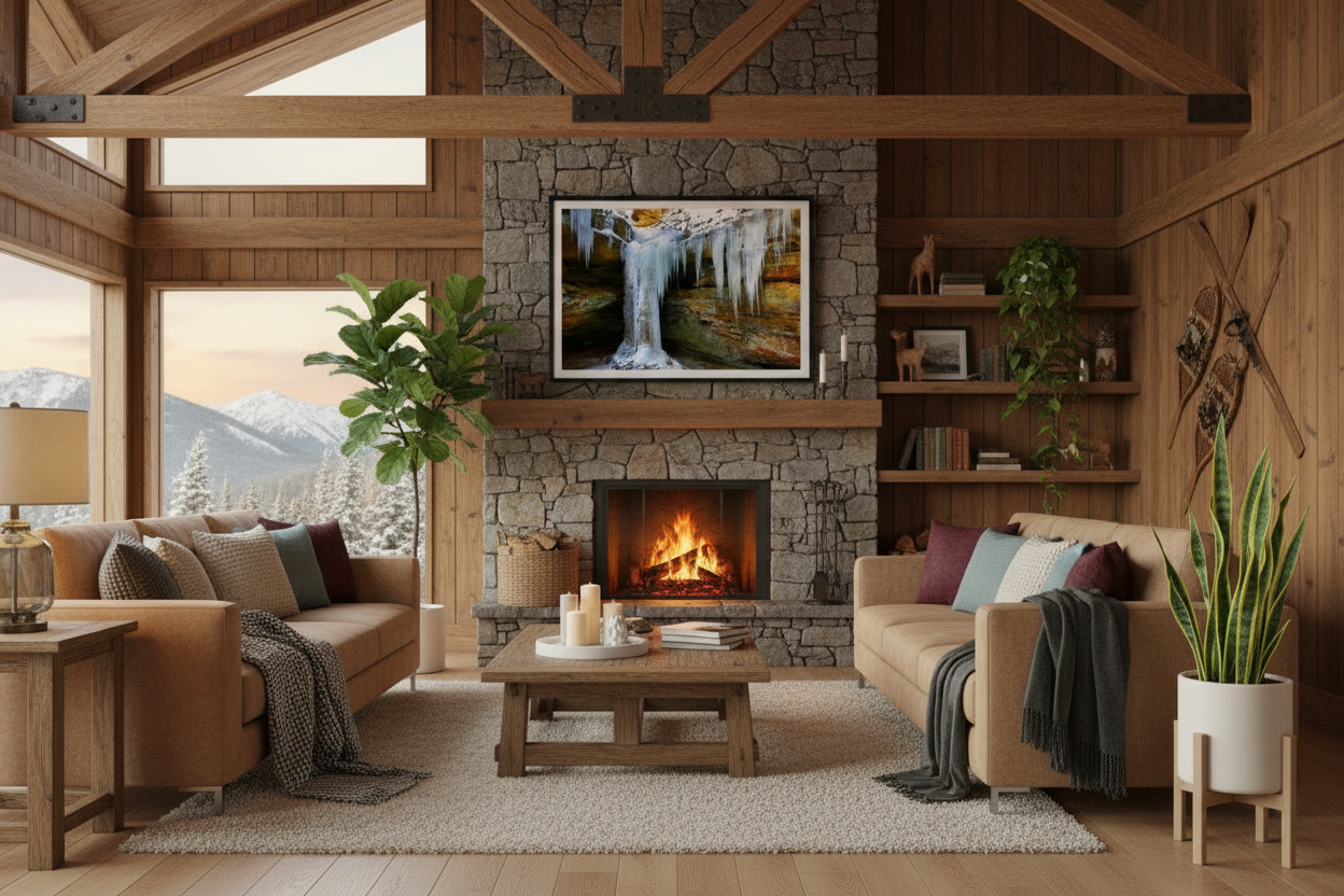 Framed Photo print of a frozen waterfall hanging abive the fireplace in a Cozy living room with stone fireplace, wooden furniture, and mountain view.