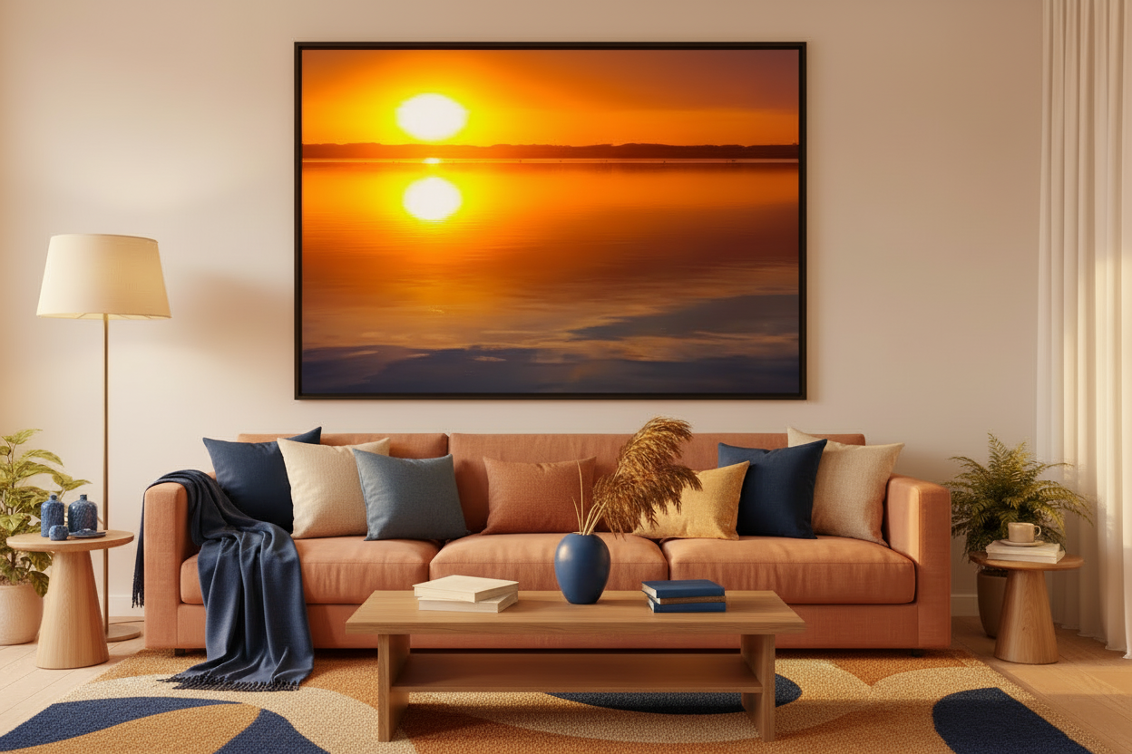 Living room with a beige sofa, wooden coffee table, and a large framed sunset painting on the wall.