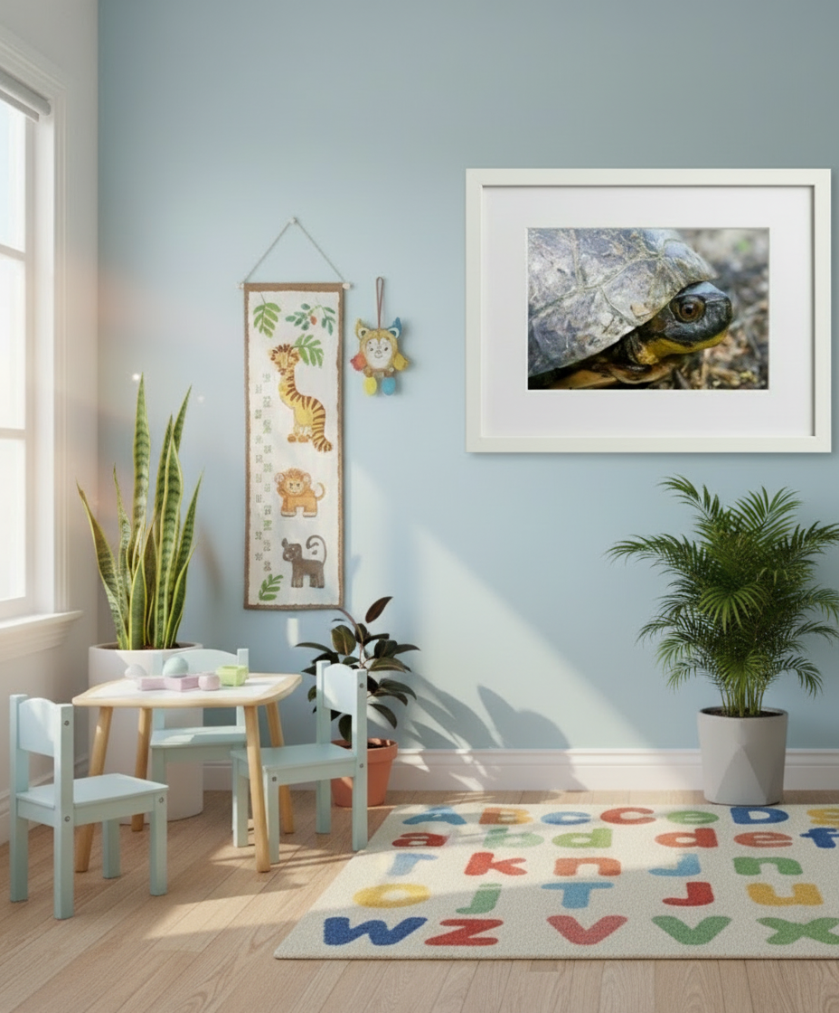 Children's room with a turtle framed picture on the wall, colorful rug, and plants.