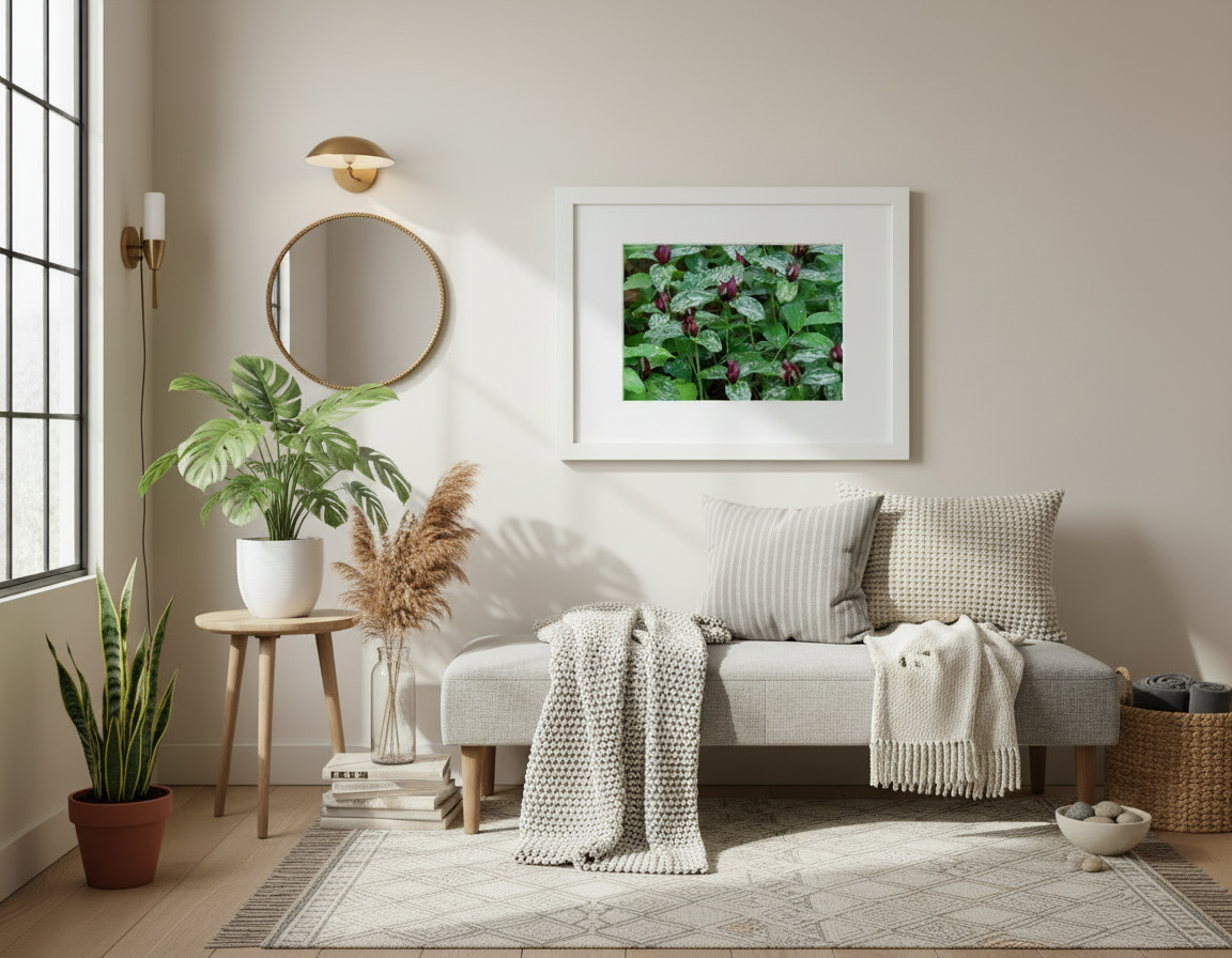 Living room with a sofa, plants, and a framed picture of a prairie trillium stand on the wall.