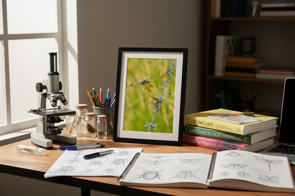 Desk with educational materials including a microscope, books, and a framed picture of dragonflies in nature.