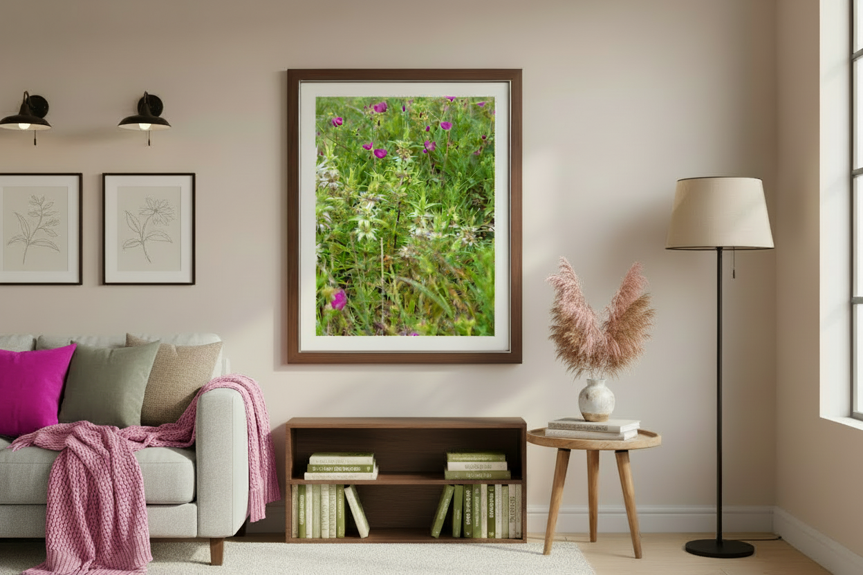 Living room with a framed picture of a natural scene, books on a shelf, and decorative items.