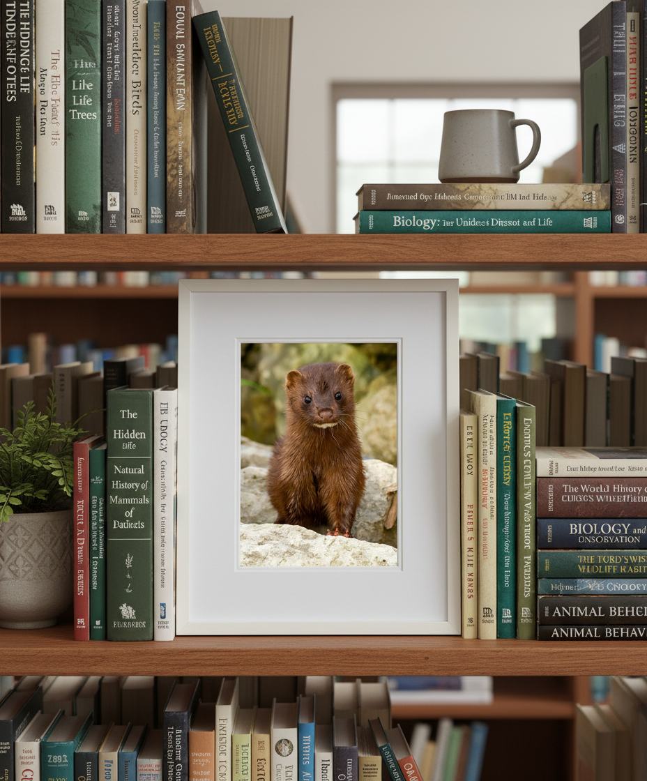 Framed picture of a mink on a bookshelf with books and a mug.
