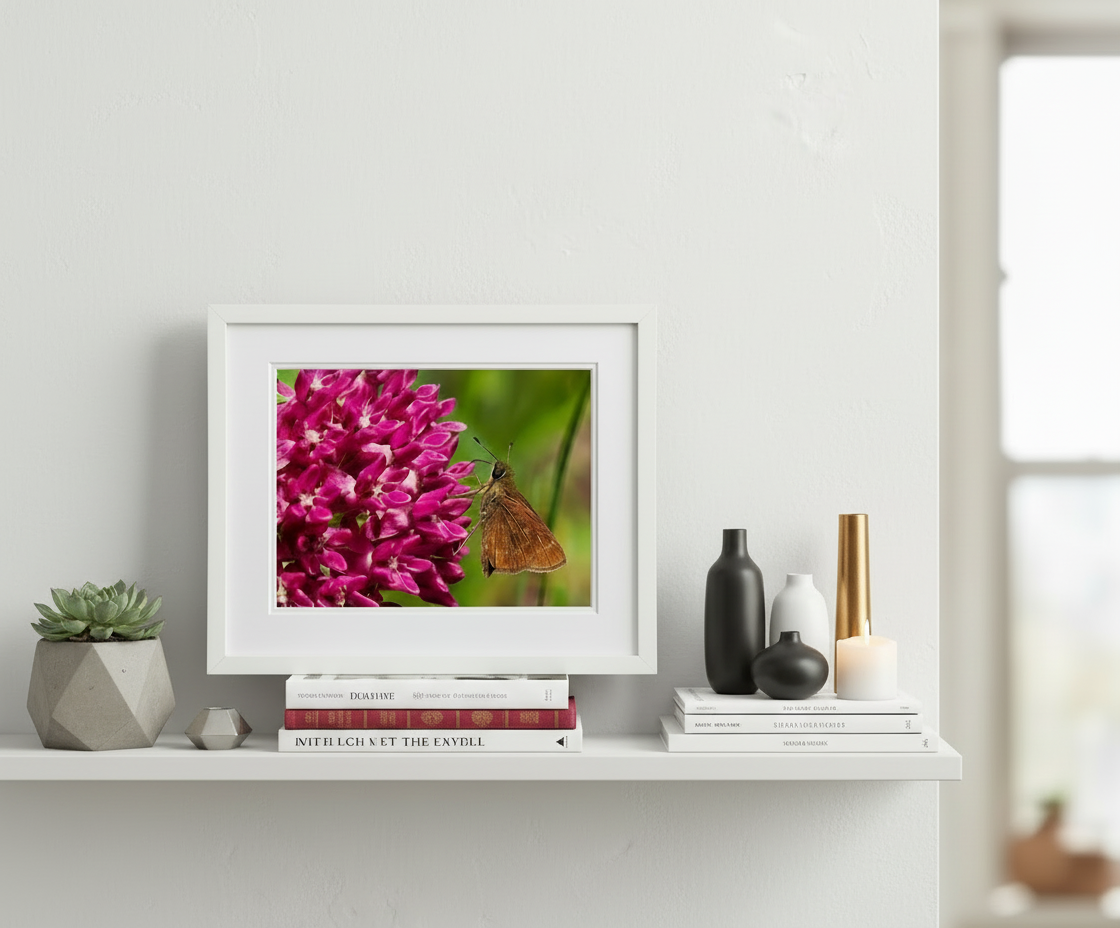 Framed artwork of purple milkweed flowers and a skipper butterfly on a shelf with decorative items.