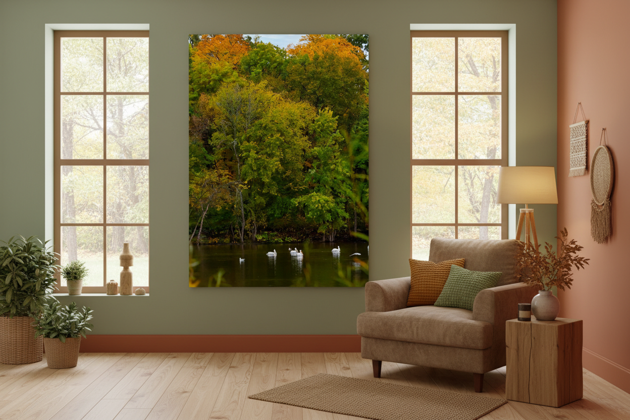 Living room with a large wall art of a fall forest scene with water and pelicans, a sofa, and decorative items.