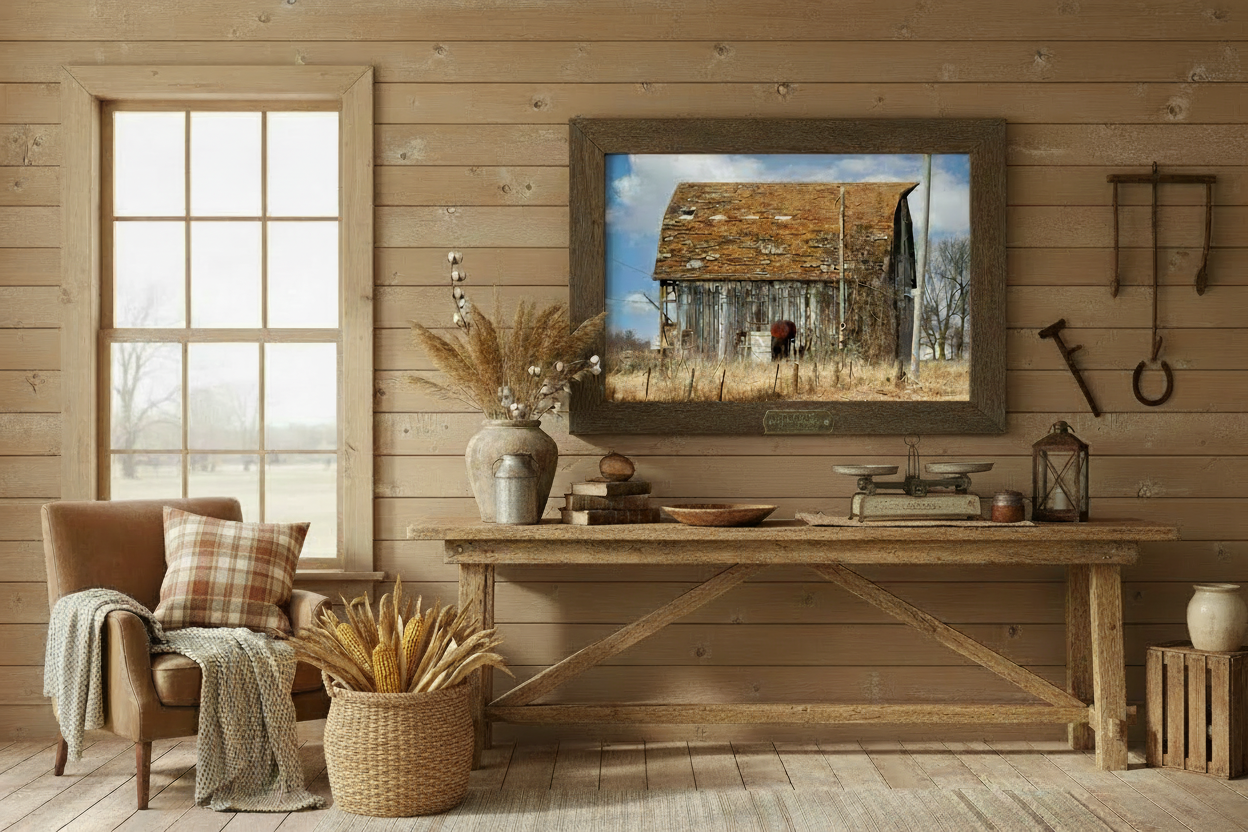 Nostalgic interior with a wooden wall, table, and chair, featuring a photonprint of an old Iowa barn.