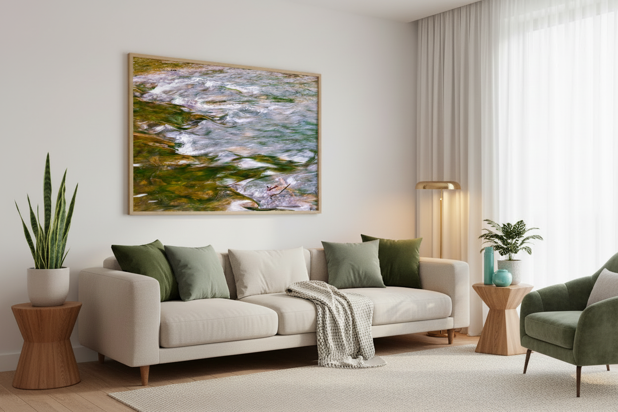 Large photo print of a flowing stream haniging in a Living room above a sofa, armchair, and decorative elements.