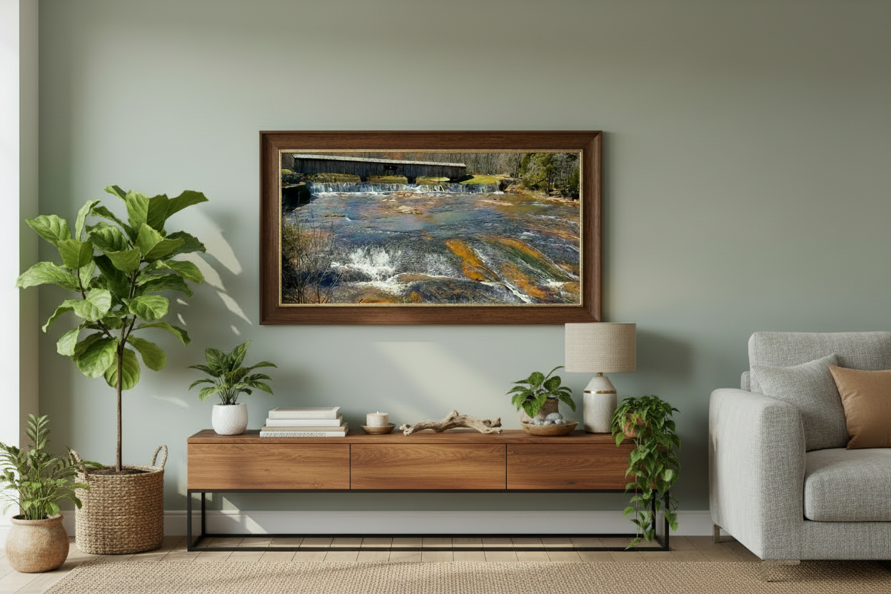 Living room with a framed print of a covered bridge on the wall, a console table, and a sofa.