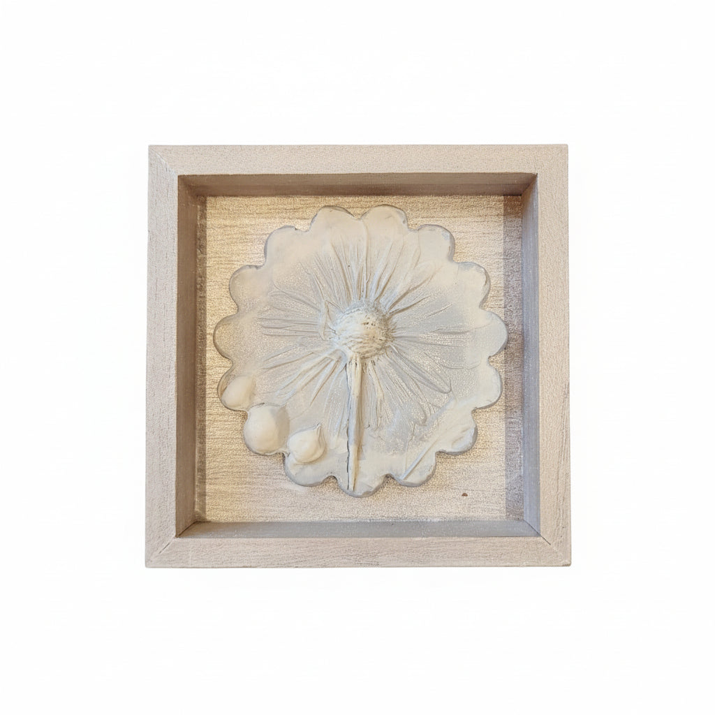 Decorative round plaster cast of daisy and hypericum with a scalloped edge. The cast is mounted in a wooden frame with a metallic pearl finish.