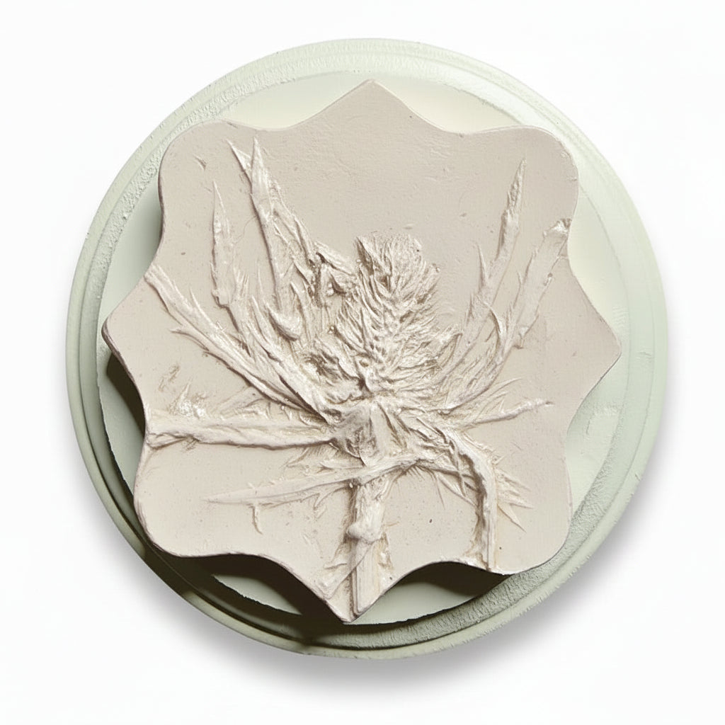 Eryngium Bas Relief Plaster Wall Art – Pink Tinted, Off-White Round Plaque