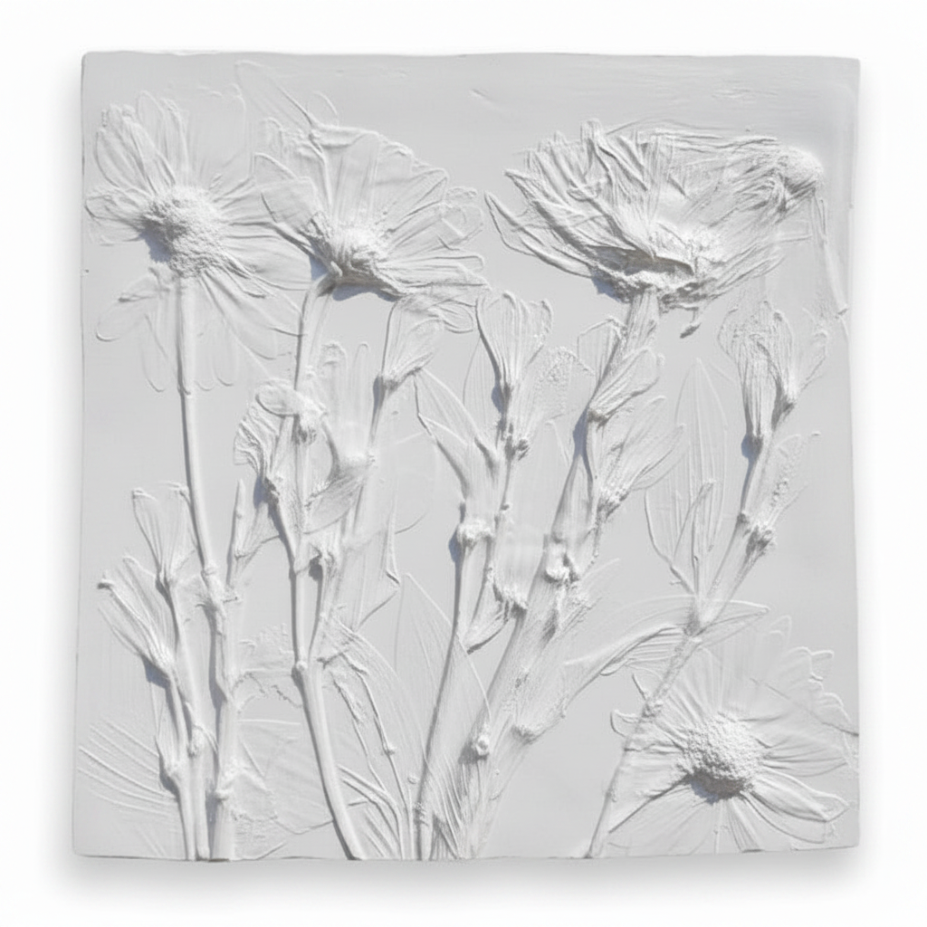 White Plaster bas relief of magnolia in matte finish