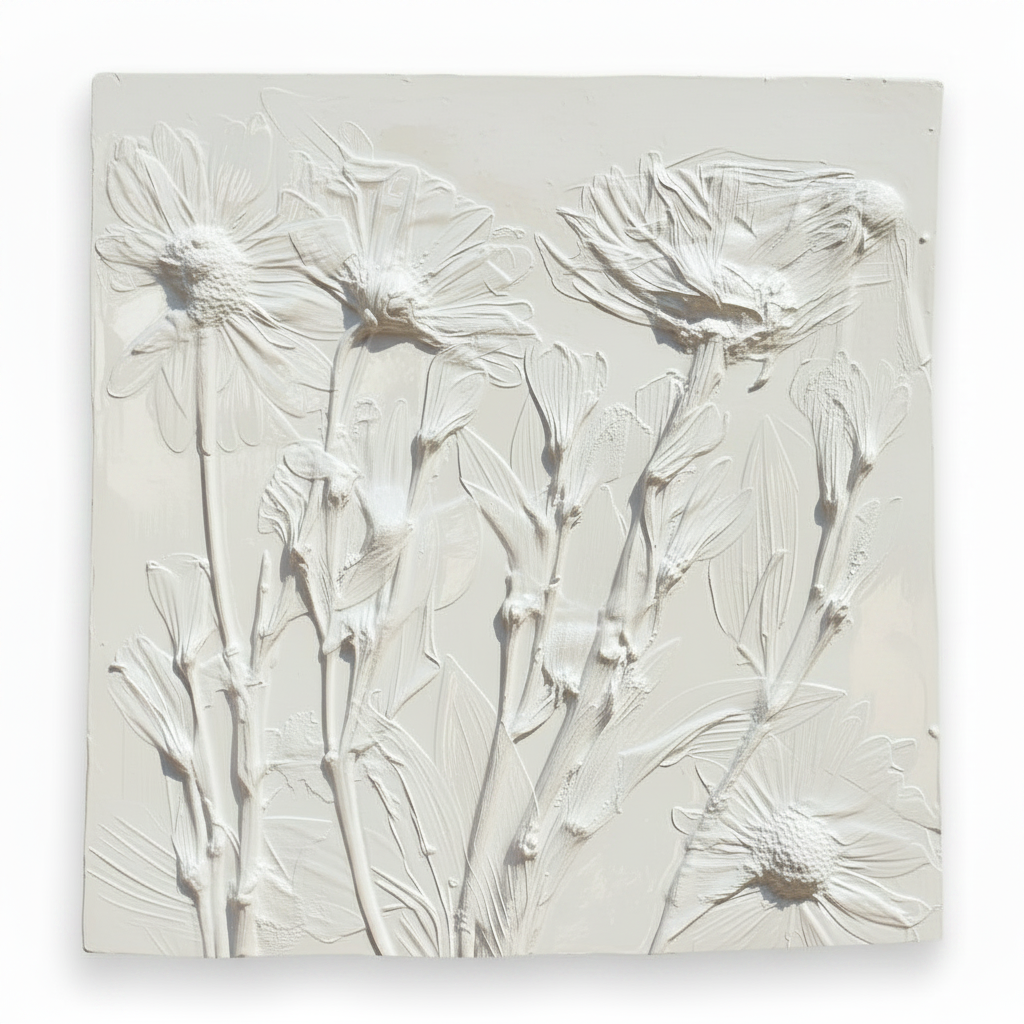 White plaster bas relief of magnolia in a gloss finish