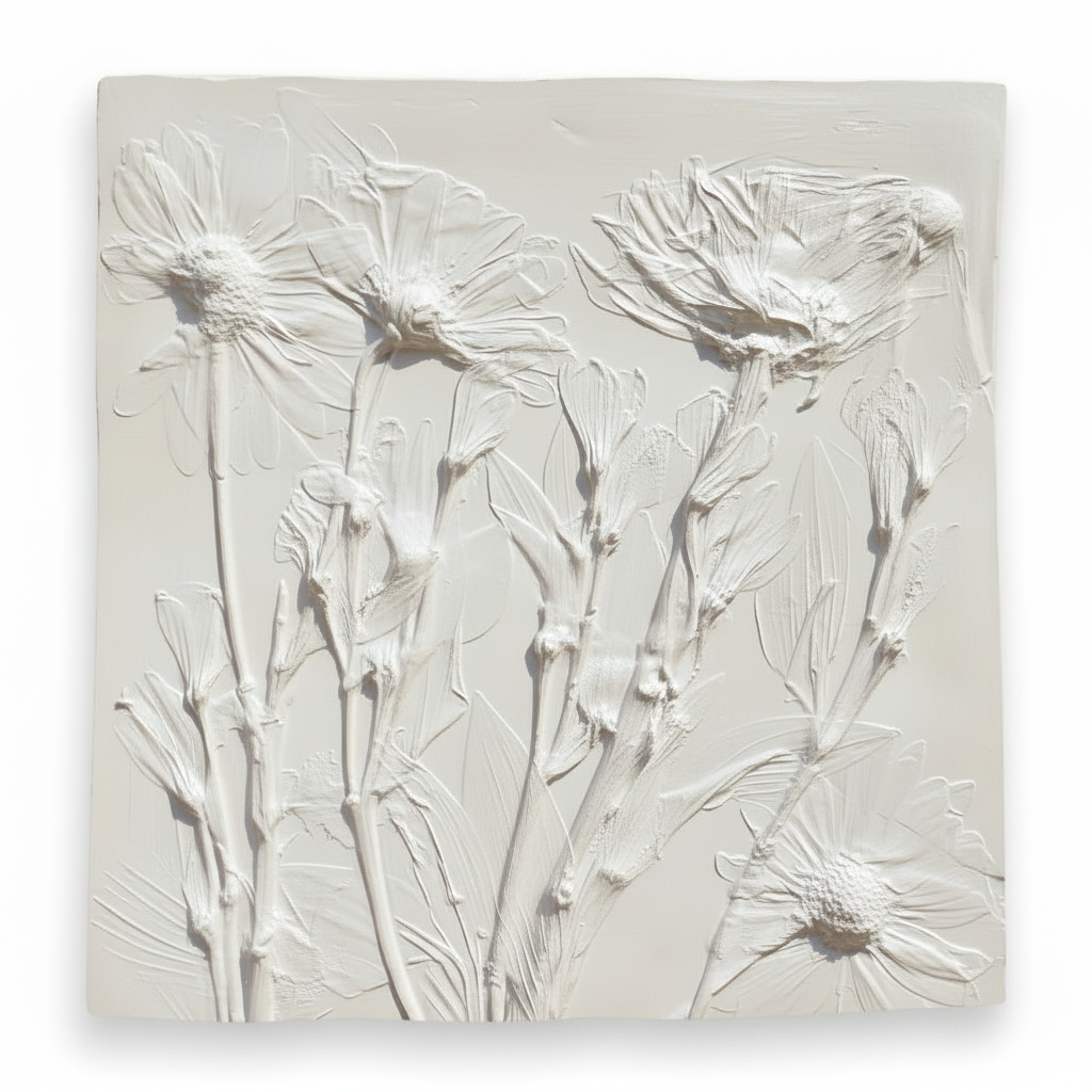 White plaster bas relief of magnolia in satin finish