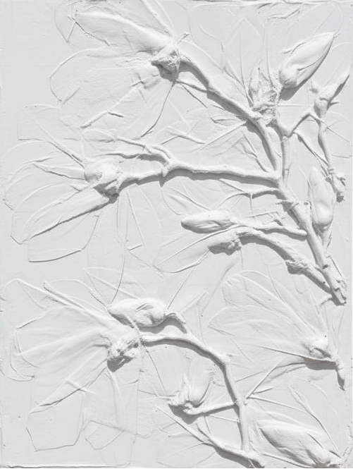 White Plaster bas relief of magnolia in matte finish