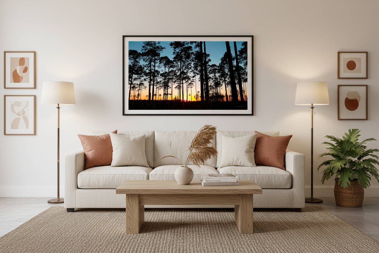 Living room with a white sofa, wooden coffee table, and wall art depicting trees and sunset.