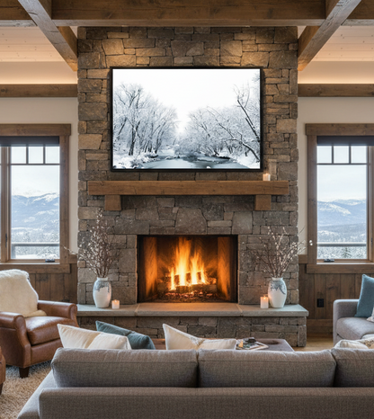 Framed photo print of a winter scene hanging in a Living room with stone fireplace, TV, and comfortable seating with a winter view of mountains outside 