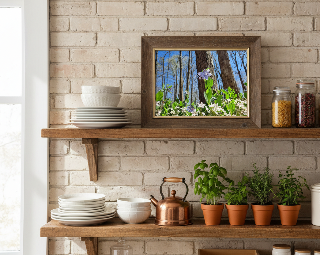 Frame photo of spring woodland wildflowers on a Kitchen shelf with plates, a teapot, and potted plants against a brick wall.