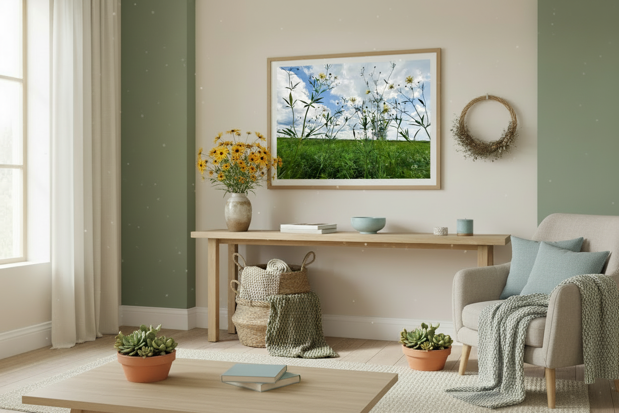 Living room with a large framed picture of a prairie flower and sky scene, plants, and a sofa.