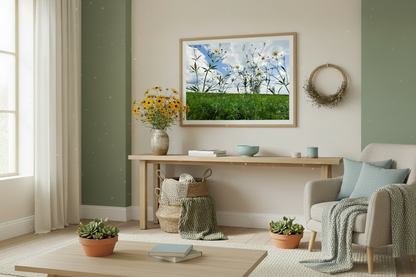 Living room with a large framed picture of a prairie flower and sky scene, plants, and a sofa.
