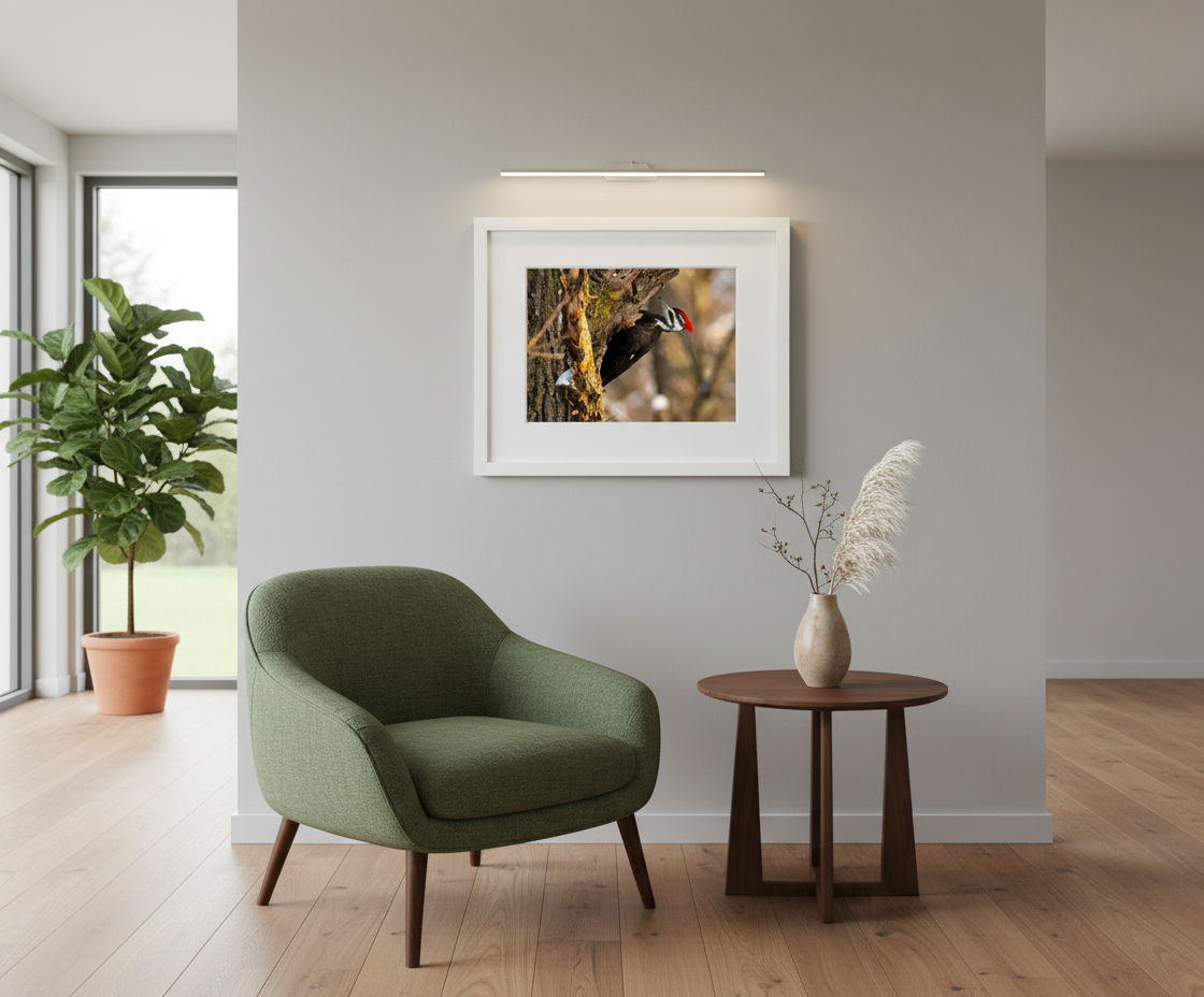 Modern interior with a green armchair, side table, and framed picture of a bird on a wall.