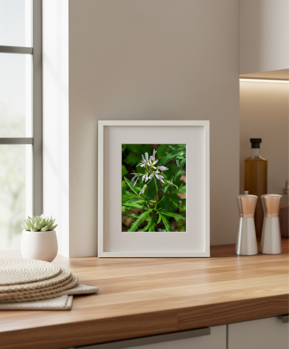 Framed photograph of a plant on a wooden surface with a neutral background