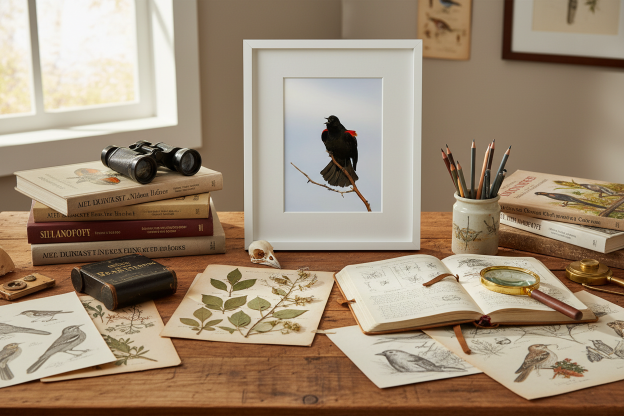 Desk with books, a framed picture of a bird, and nature-themed stationery.