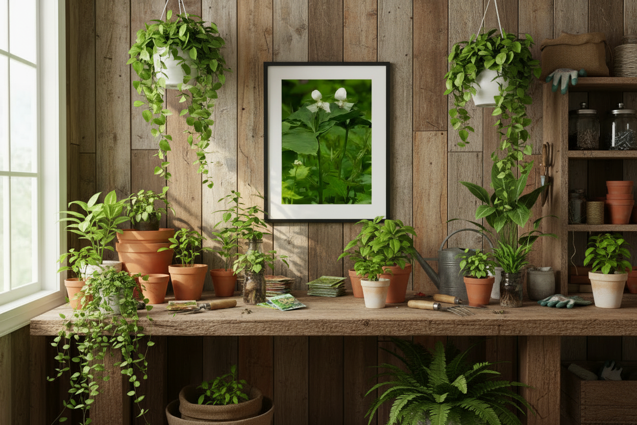 Framed photo print of two nodding white trillion hung on the wall of an Indoor garden with potted plants on a wooden table against a wooden wall.