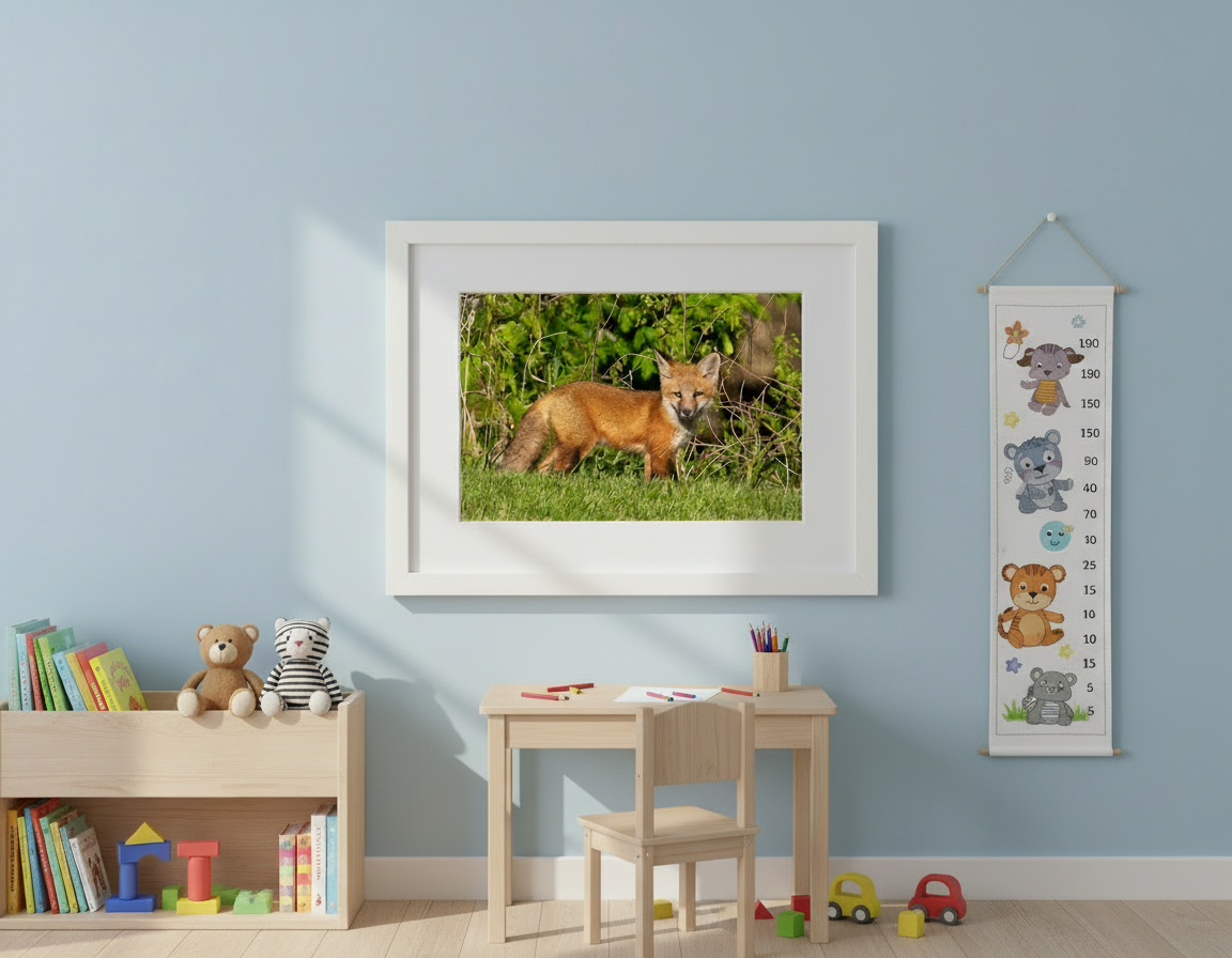 Children's room with a framed picture of a fox, a growth chart, and a small desk.