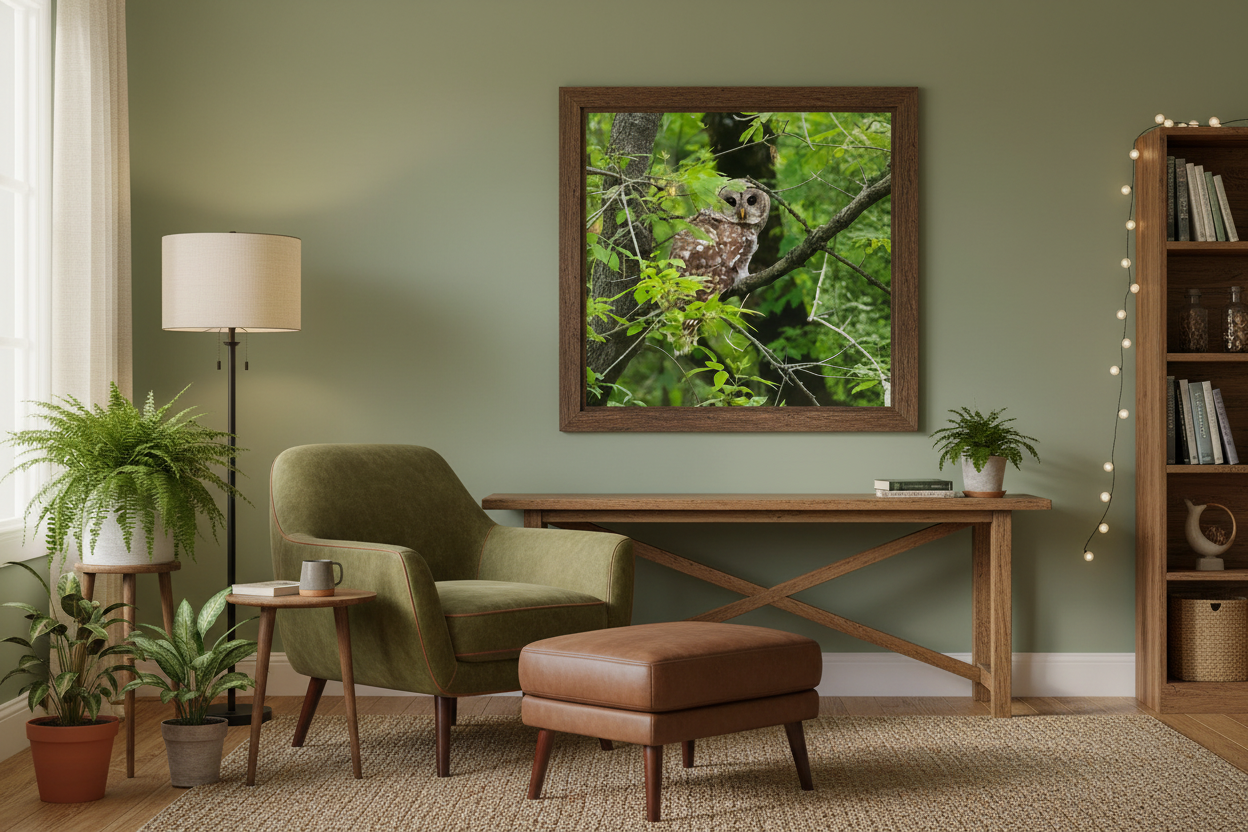 Living room with green wall, armchair, ottoman, and framed nature print of a barred owl in a tree