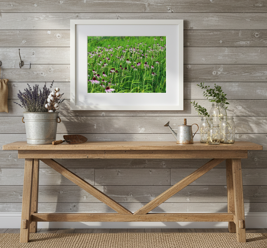 Wooden table with a framed picture of Illinois prairie flowers on a wooden wall.