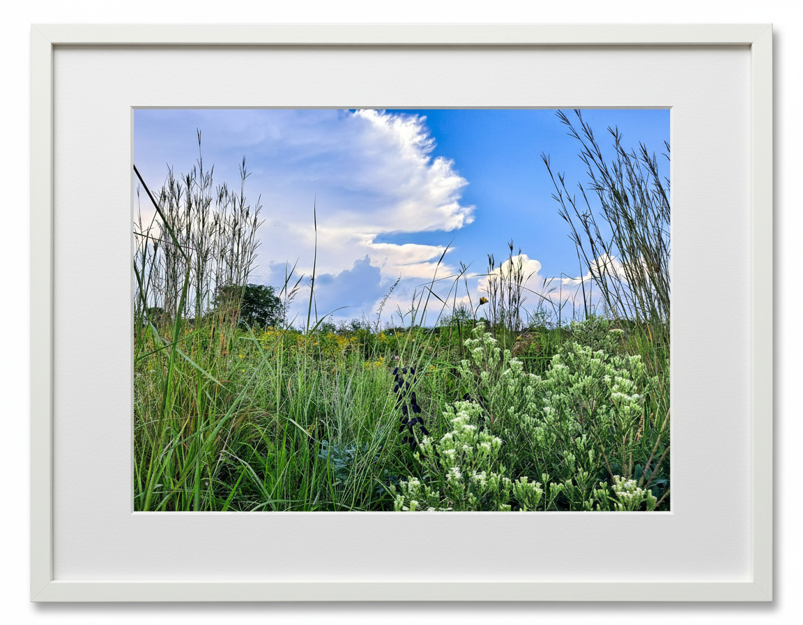 Framed photograph of a midwest prairie with a blue sky and clouds. Illinois USA