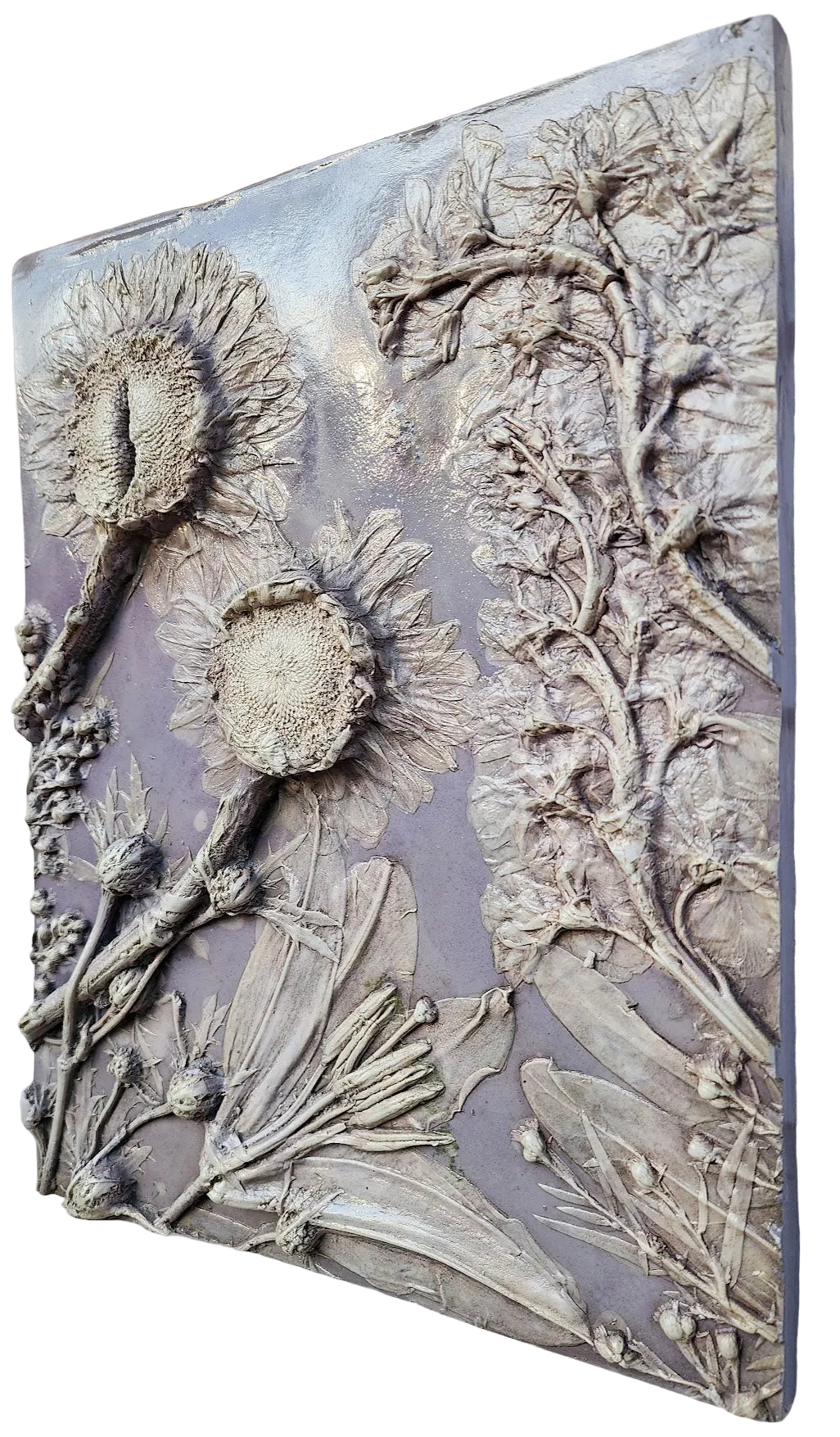 Sunflower, Lily, Eryngium, Asters & Stock Plaster Botanical Bas Relief Wall Art