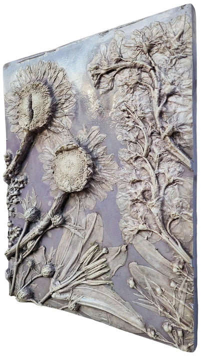 Sunflower, Lily, Eryngium, Asters & Stock Plaster Botanical Bas Relief Wall Art
