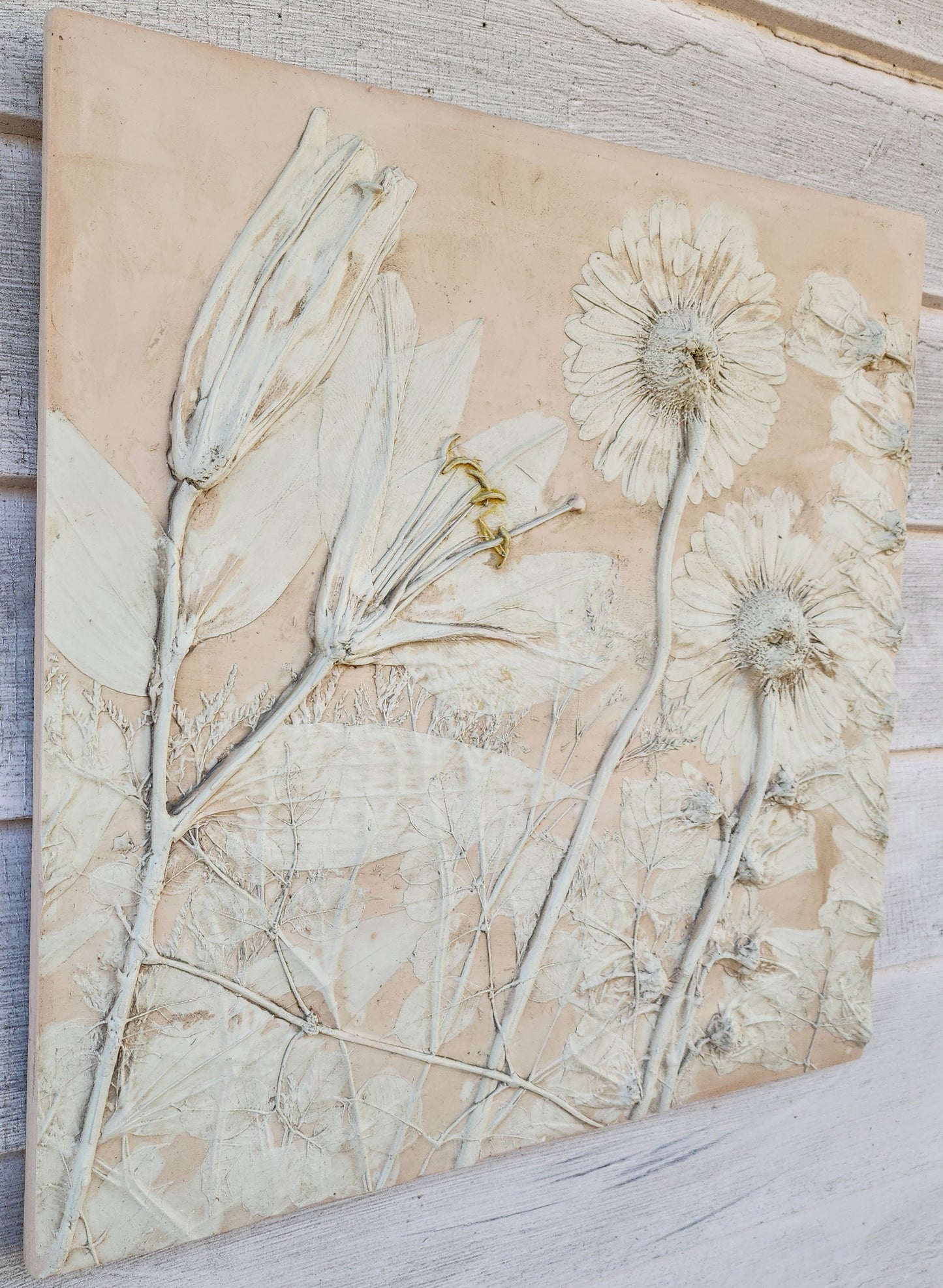 Plaster Botanical Bas Relief Artwork - Gerber Daisy Dark