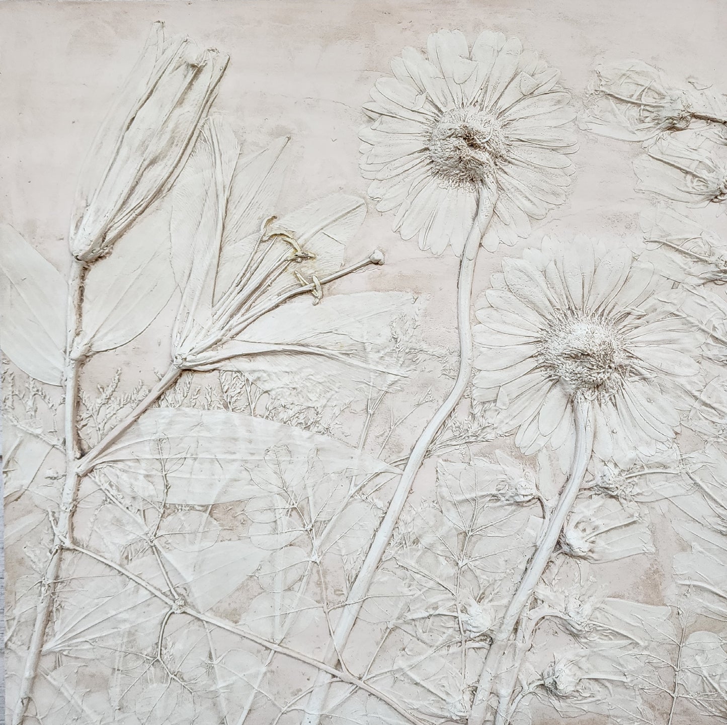 Plaster Botanical Bas Relief Artwork - Gerber Daisy Light